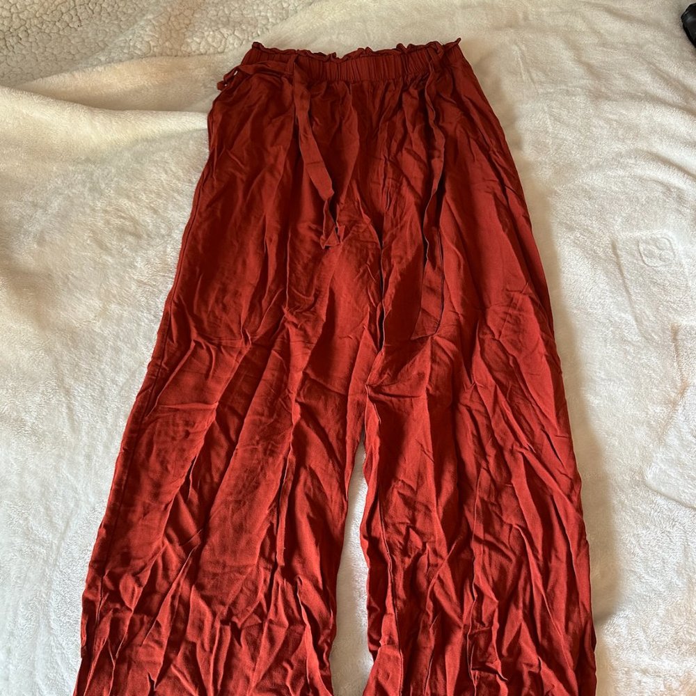 Rust Red Wide Leg Flowy Pants with Tie